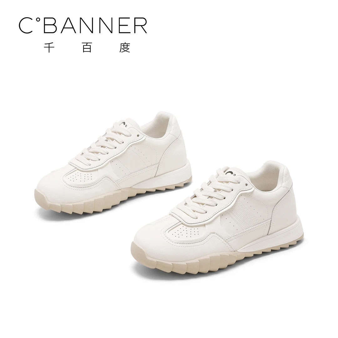C.BANNER/千百度真皮透气软底德训鞋2025新款系带内增高小白鞋女