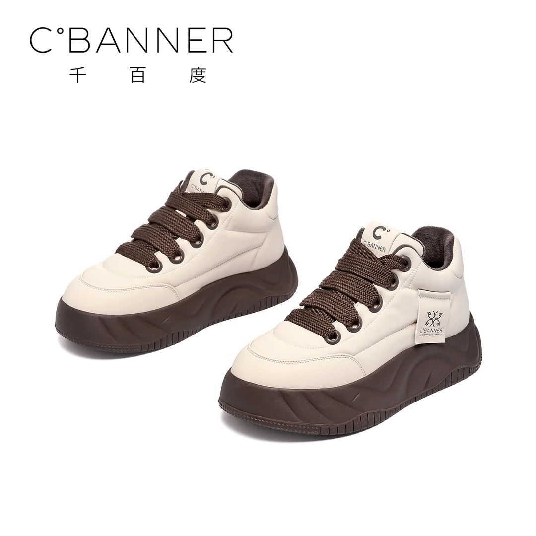 C.BANNER/千百度百搭系带新款小众面包鞋女士加绒休闲松糕鞋