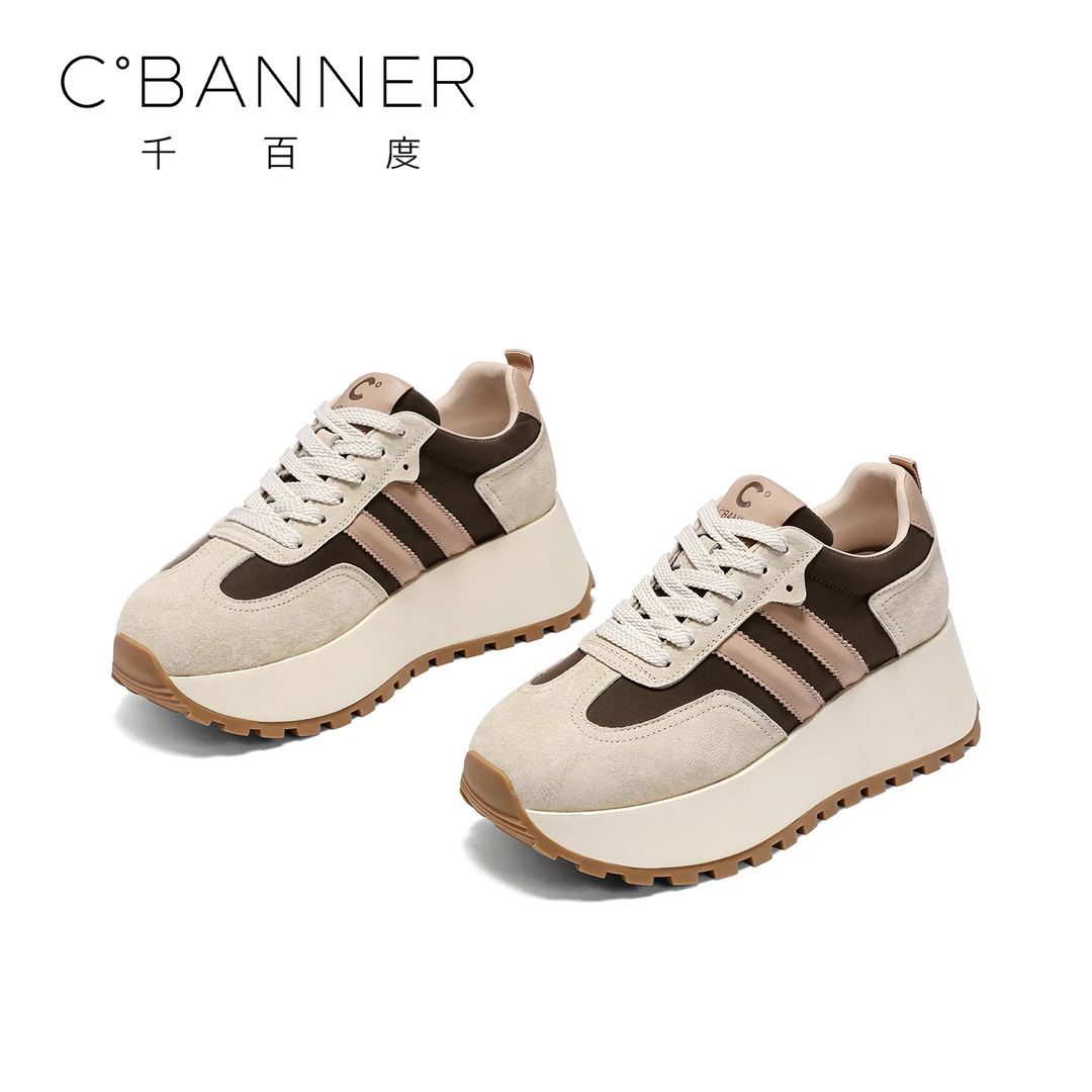 C.BANNER/千百度厚底增高系带阿甘鞋2025新款潮流拼色华夫鞋百搭