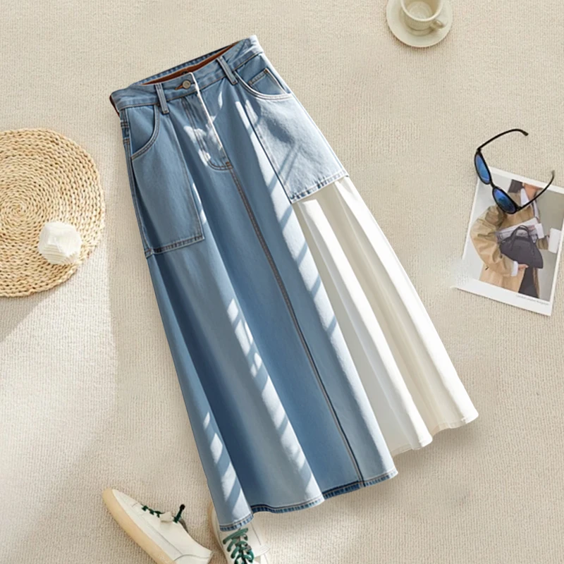 早秋新款女装多巴胺穿搭蓝色拼接a字裙小众设计感气质牛仔半身裙