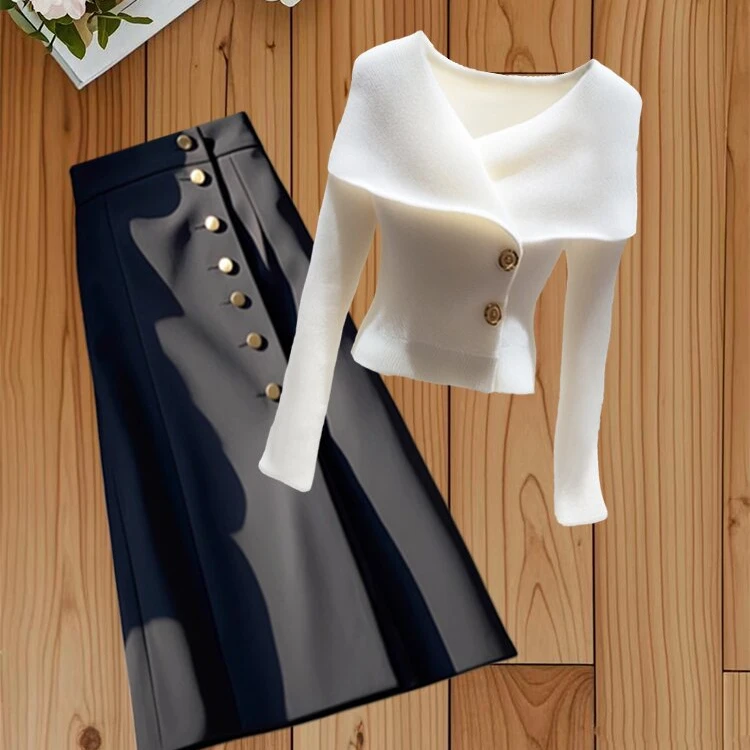 白色毛衣女设计感小众气质名媛高级感针织上衣早秋黑色半身裙套装