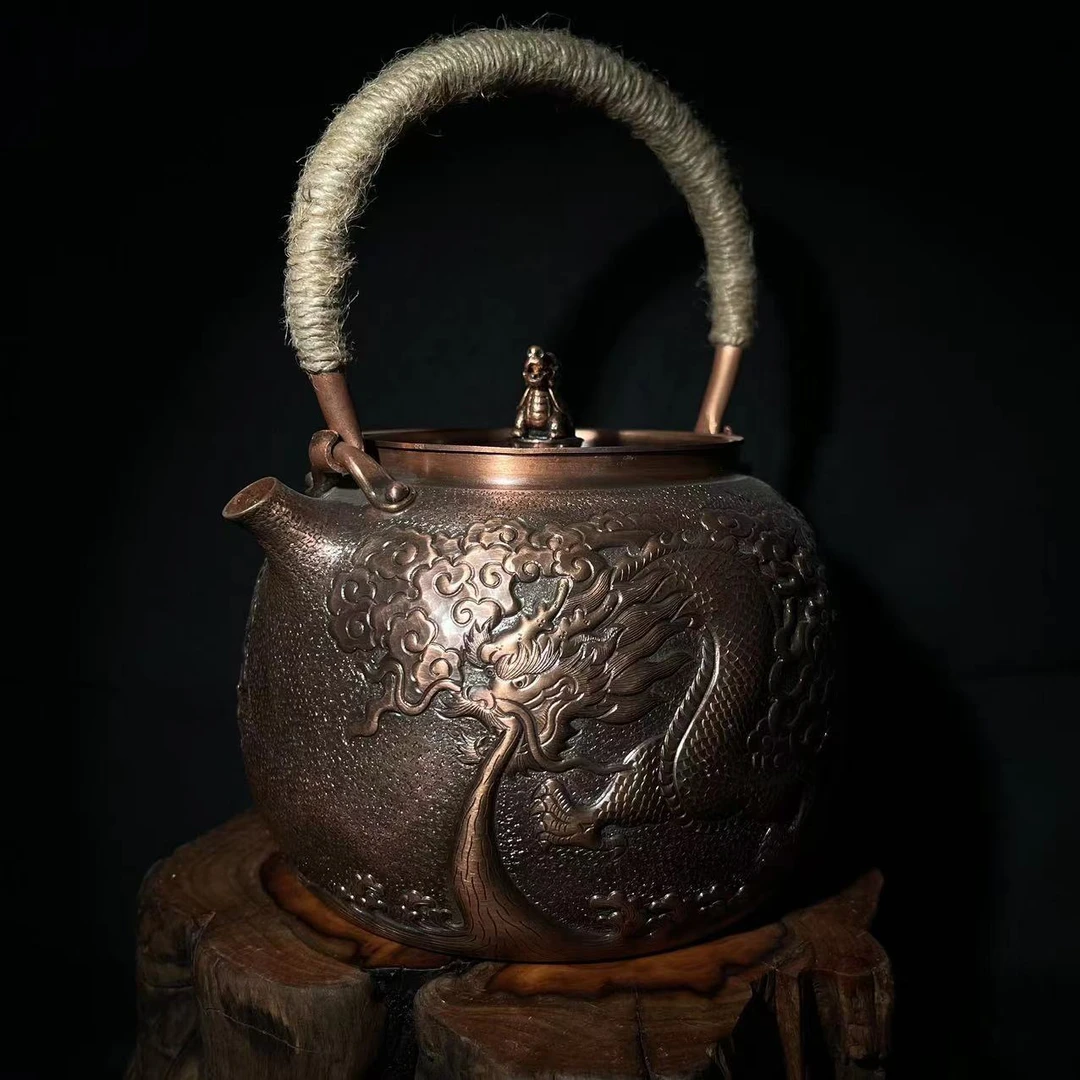 紫铜茶壶纯手工錾刻心经复古烧水壶纯紫铜功夫茶具1300ML