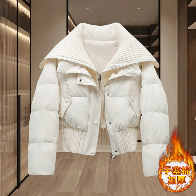 欧式针织拼接翻领短款棉服女冬季2025新款设计感洋气加厚棉衣外套