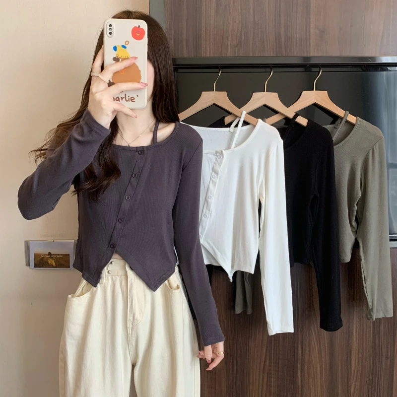 新款秋季韩版辣妹百搭修身长袖不规则上衣设计感黑色显瘦恤衫女