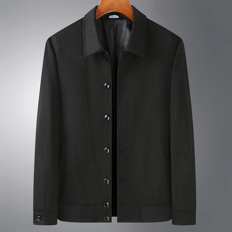 男士翻领休闲商务外套宽松秋冬毛呢夹克夹棉加厚款中老年休闲夹克
