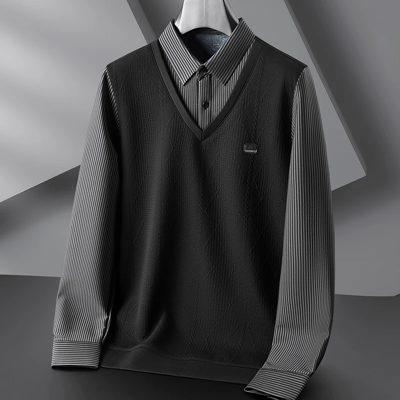 春秋季加肥加大码休闲商务百搭假两件宽松时尚衬衫领条纹加厚长袖