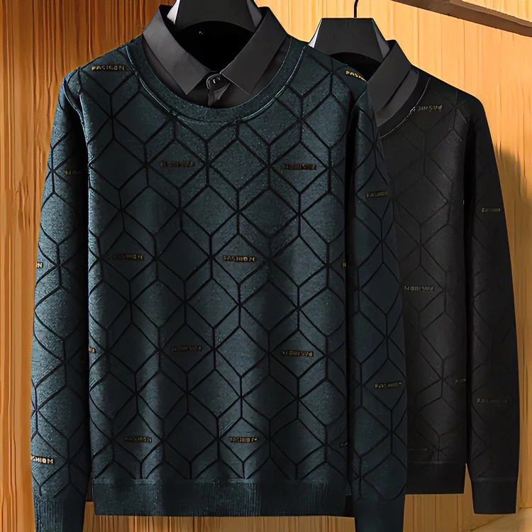 大码男士加绒加厚假两件毛衣衬衫领冬季胖子宽松打底衫休闲针织衫