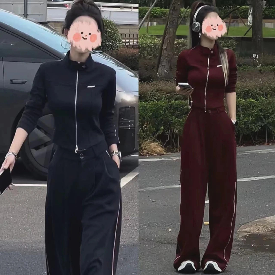 2024网红休闲时尚气质显瘦修身运动长袖上衣秋季高腰阔腿裤两件套