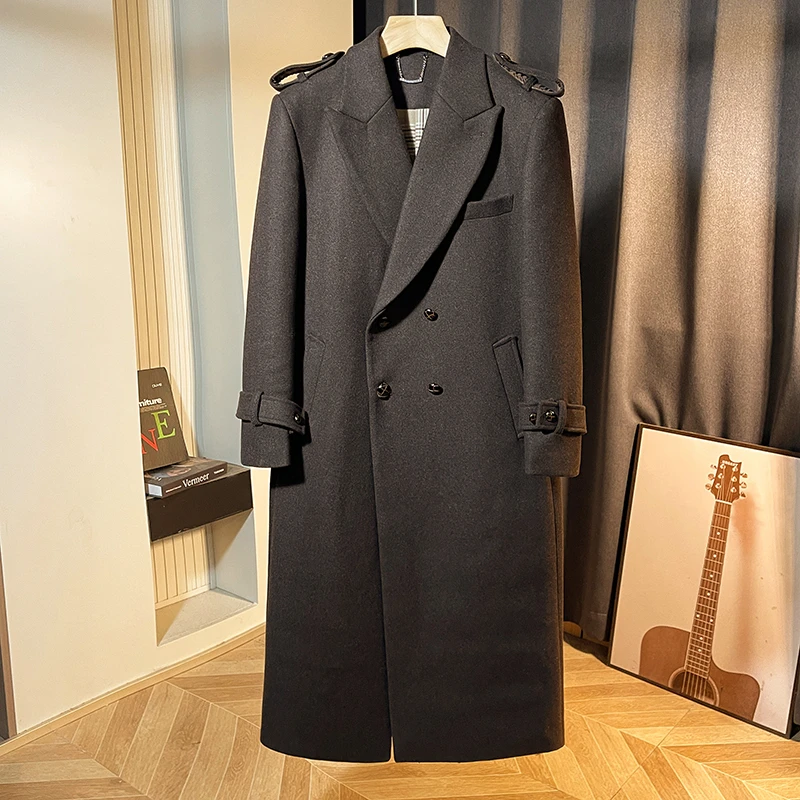 猎撒羊毛呢子风衣黑色中长款毛呢大衣韩版修身秋冬款双排扣厚外套