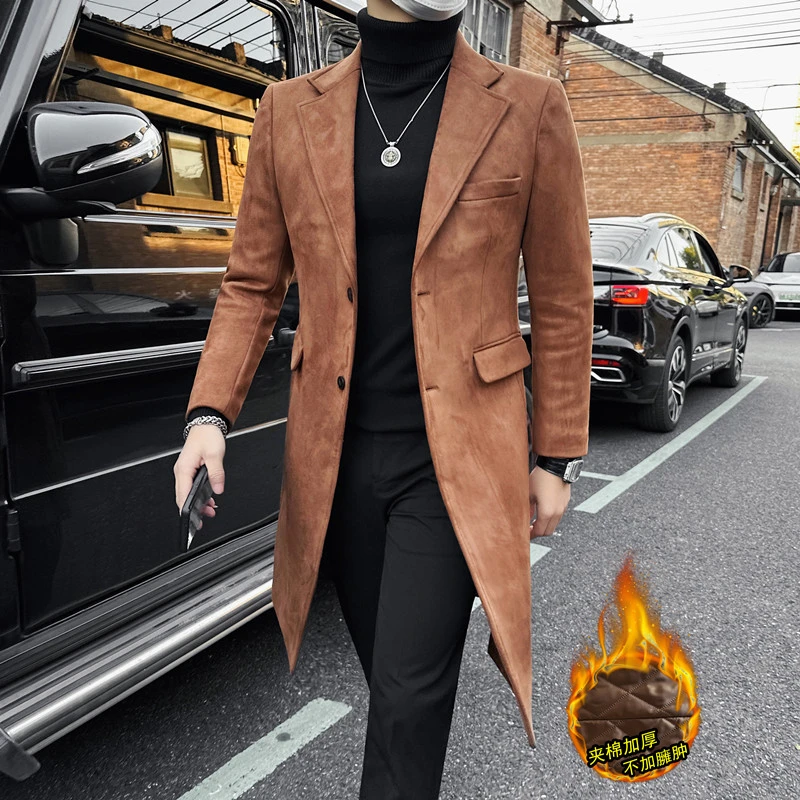 男士中长款加棉加厚毛呢大衣高级感秋冬季英伦修身款帅气风衣外套