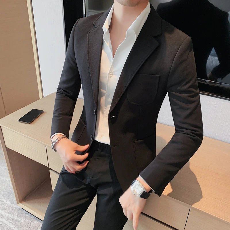 猎撒冬季西装外套休闲加厚呢子西服厚上衣英伦风韩版修身小西服男