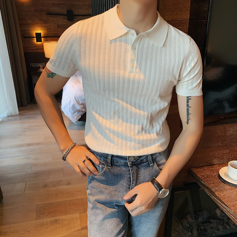 型男轻熟风翻领短袖POLO衫男士针织时尚百搭夏季半袖修身体恤