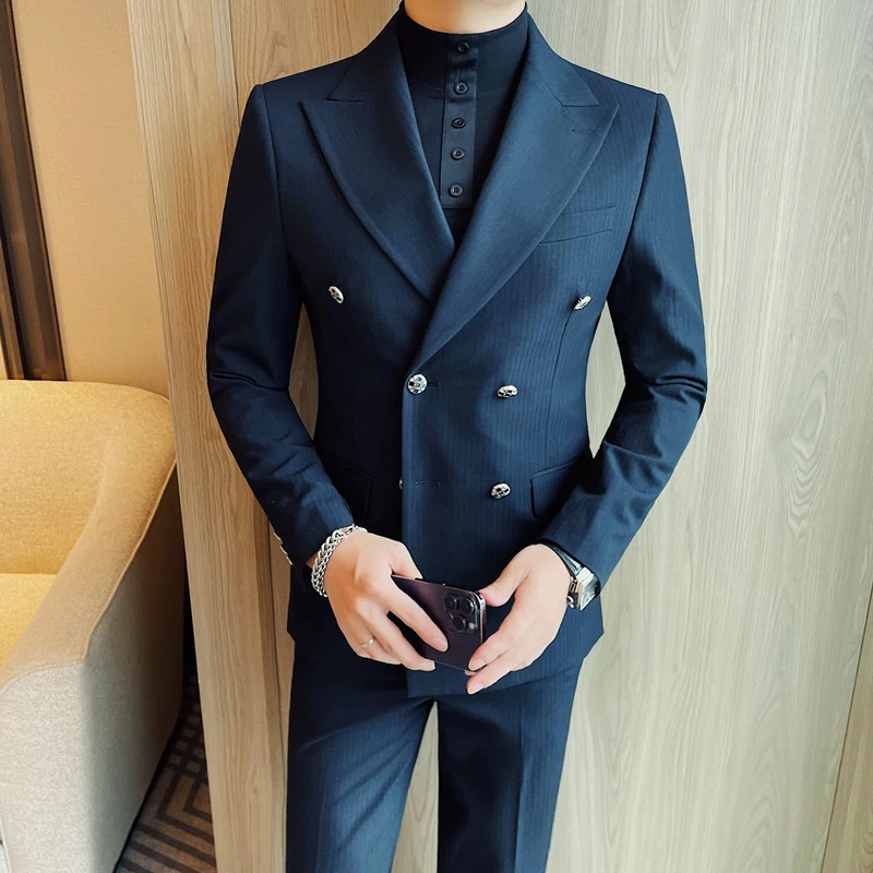 秋冬爆款双排扣小西装外套男痞帅高级感休闲西服韩版修身商务上衣