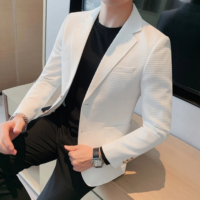 男士秋季薄款华夫格西装外套痞帅高档商务休闲修身西服单西上衣潮