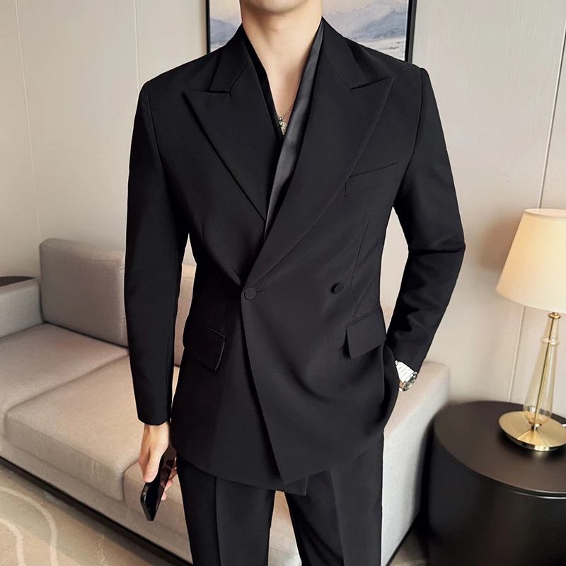 春秋新款西服男套装英伦风时尚轻奢简约修身假两件款纯色西装外套