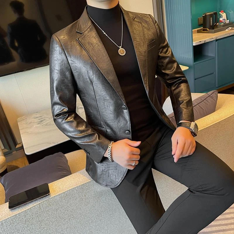 擦色休闲皮西装外套男士春秋款男装2025新款皮衣高级感痞帅皮西服