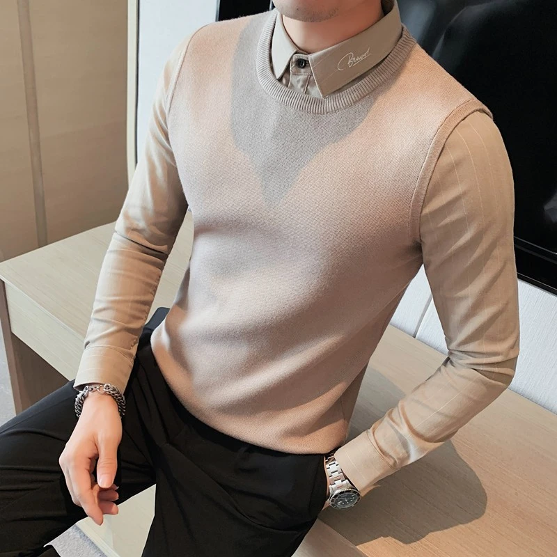 春装新款男士假两件毛衣韩版修身衬衫领加厚休闲针织衫男款打底