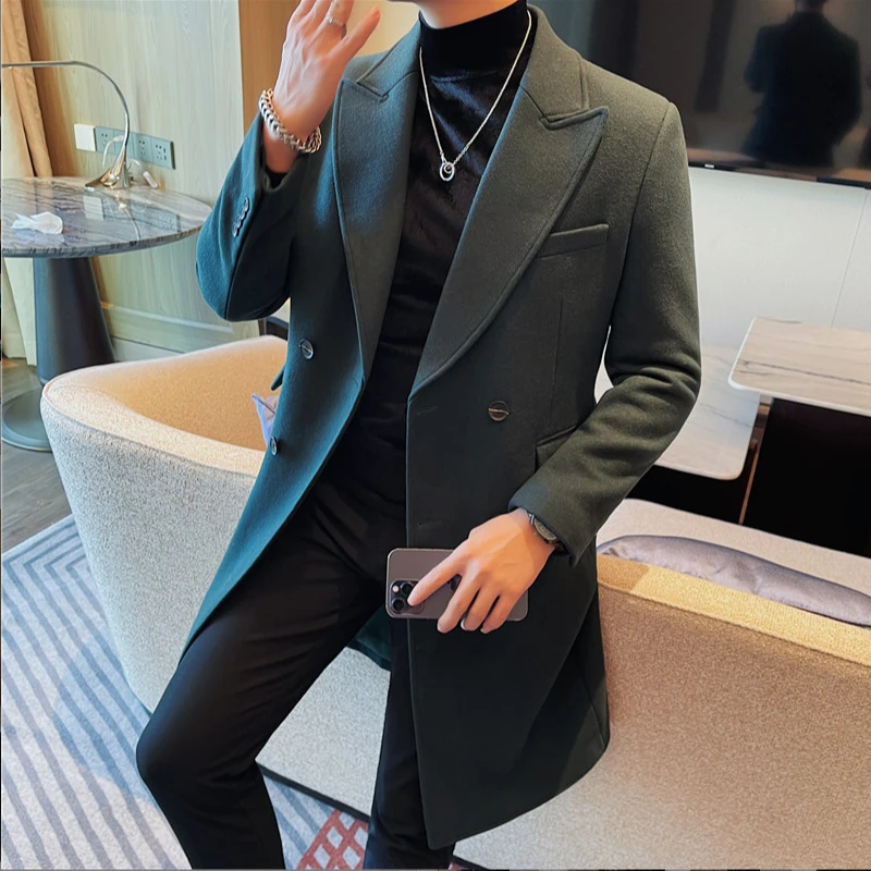 猎撒新款修身外套毛呢大衣冬季加厚型男帅气中长款双排扣呢子风衣