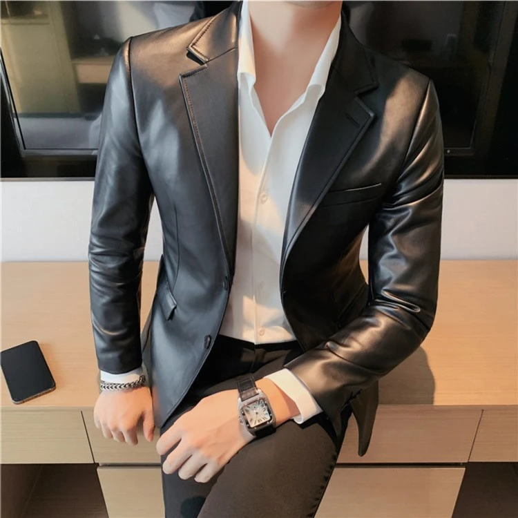 猎撒秋冬潮流修身皮西装外套个性皮衣休闲西服纯色百搭上衣便西