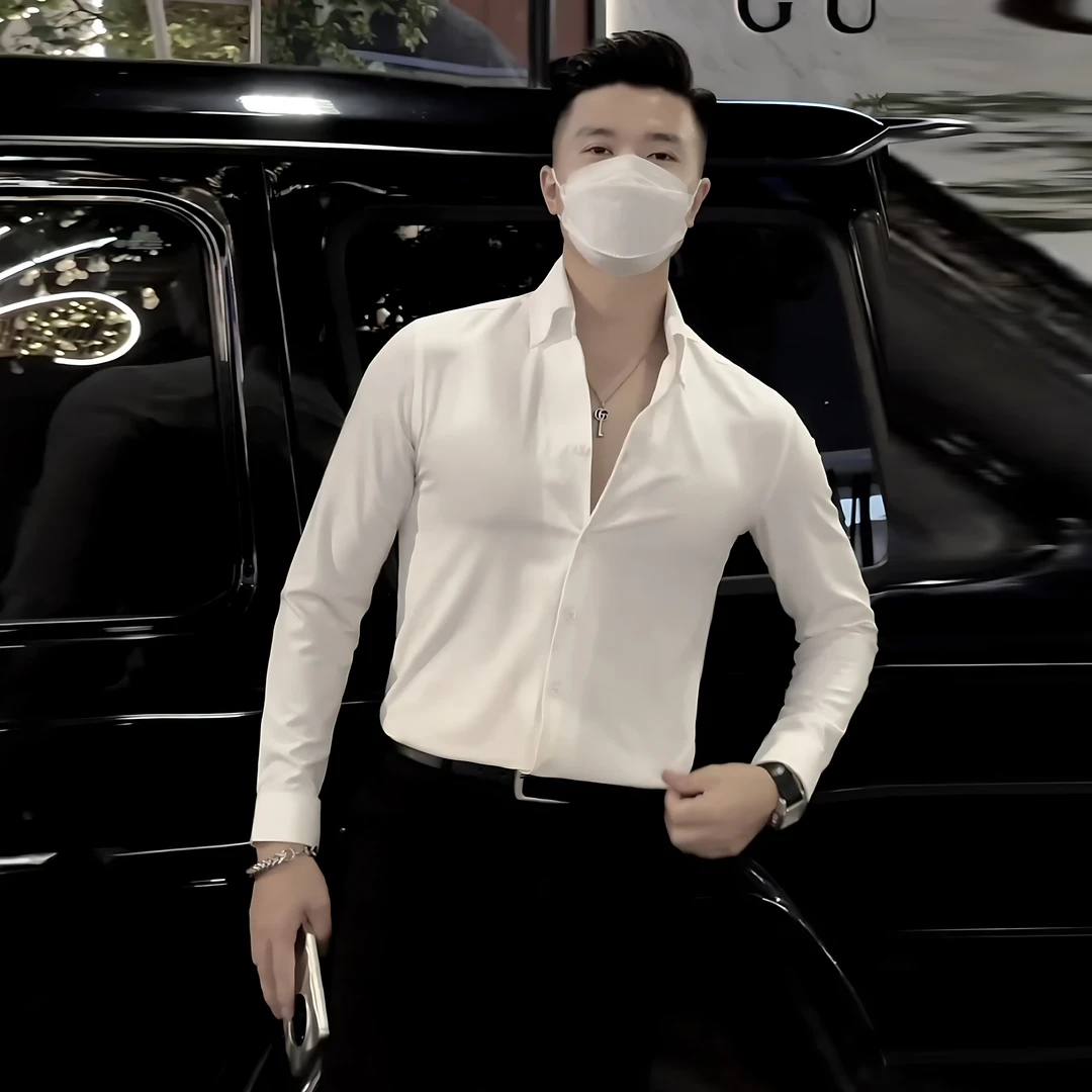 爆款高级感白色长袖衬衫男士修身韩版大v领痞帅纯色休闲衬衣潮流
