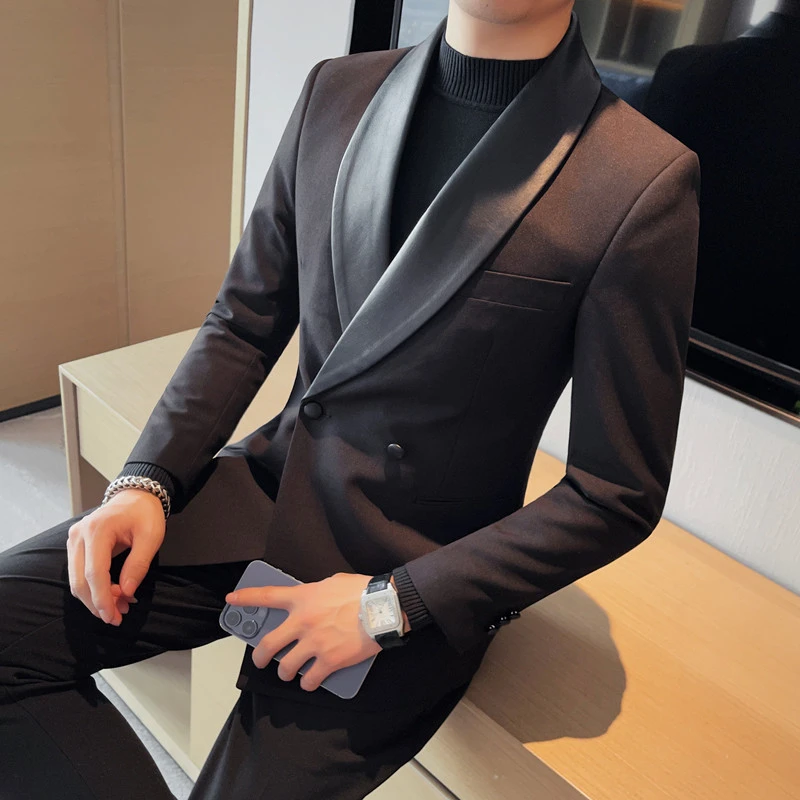 猎撒秋装新款轻奢皮领西装修身黑色西服双排扣痞帅男装外套上衣