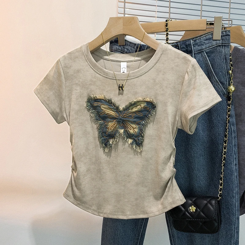 yoewshean/羽媗微胖大码女装夏季时尚显瘦遮肚子上衣短袖t恤蝴蝶