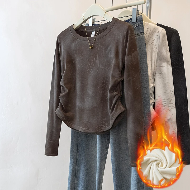 yoewshean/羽媗加绒新款微胖妹妹大码女装打底衫上衣保暖内搭百搭