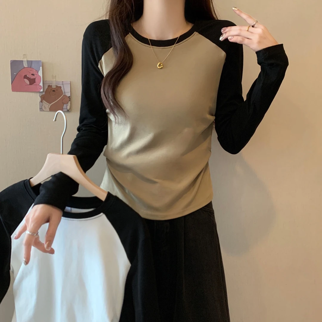 yoewshean/羽媗微胖妹妹新款撞色拼接插肩打底衫女装宽松长袖遮肚