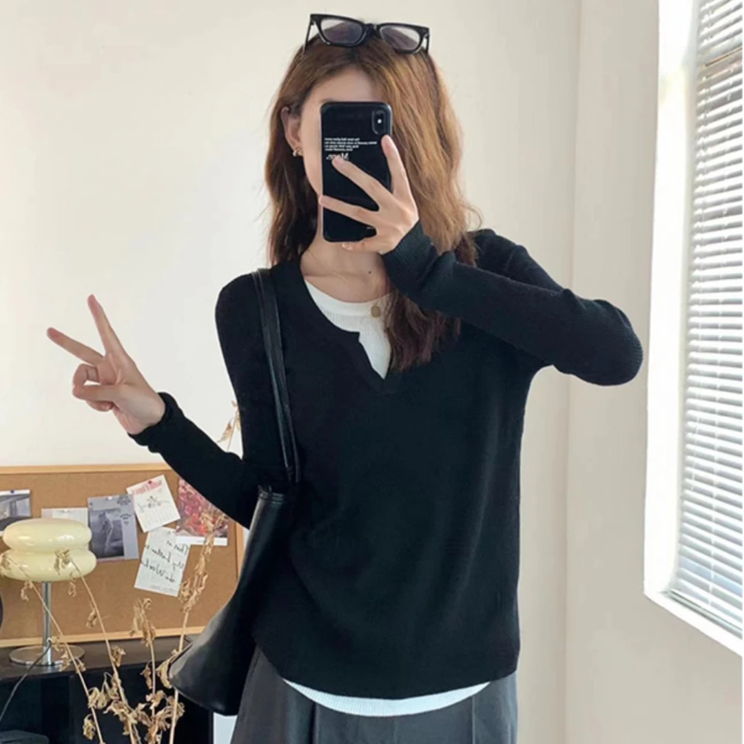 yoewshean/羽媗微胖妹妹假两件V领正肩长袖t恤女春秋装显瘦上衣