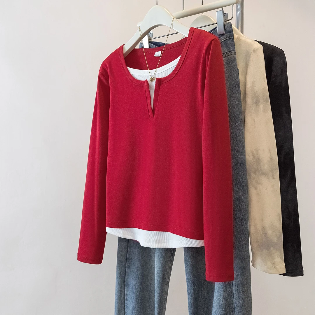 yoewshean/羽媗微胖妹妹假两件V领正肩长袖t恤女春秋装显瘦上衣