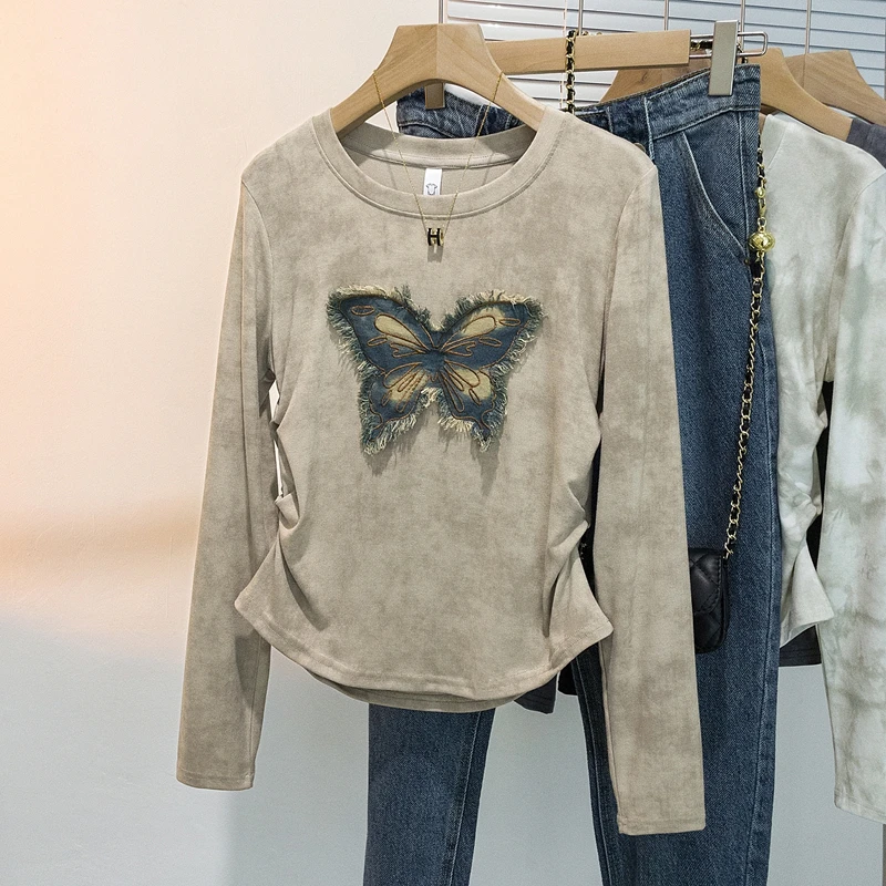 yoewshean/羽媗秋季大码胖妹妹扎染蝴蝶长袖t恤女装不规则上衣