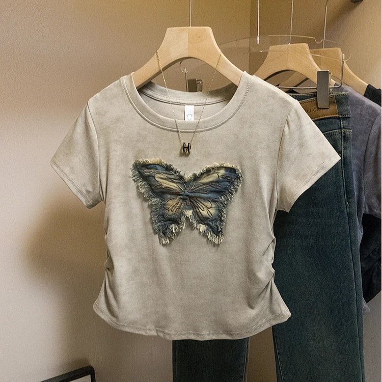 yoewshean/羽媗微胖mm大码女装夏季时尚显瘦拼接蝴蝶上衣短袖t恤