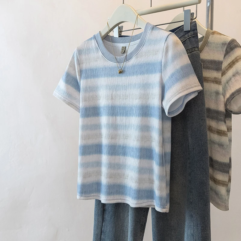yoewshean/羽媗夏季爆款微胖mm渐变条纹大码女装正肩短袖t恤衫