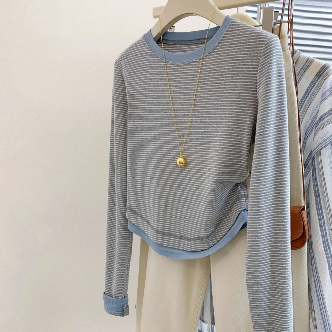 yoewshean/羽媗微胖妹妹大码女装新款百搭假两件长袖内搭打底衫t