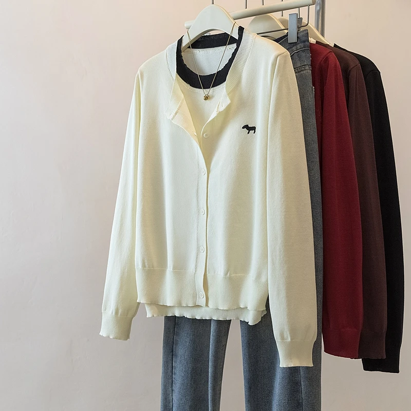 yoewshean/羽媗早初秋微胖女装假两件刺绣针织开衫小外搭毛衣上衣