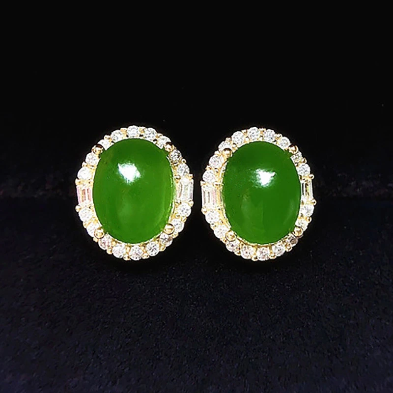 天然正品和田碧玉耳钉女S925纯银菠菜绿玉石耳环时尚精致百搭耳饰