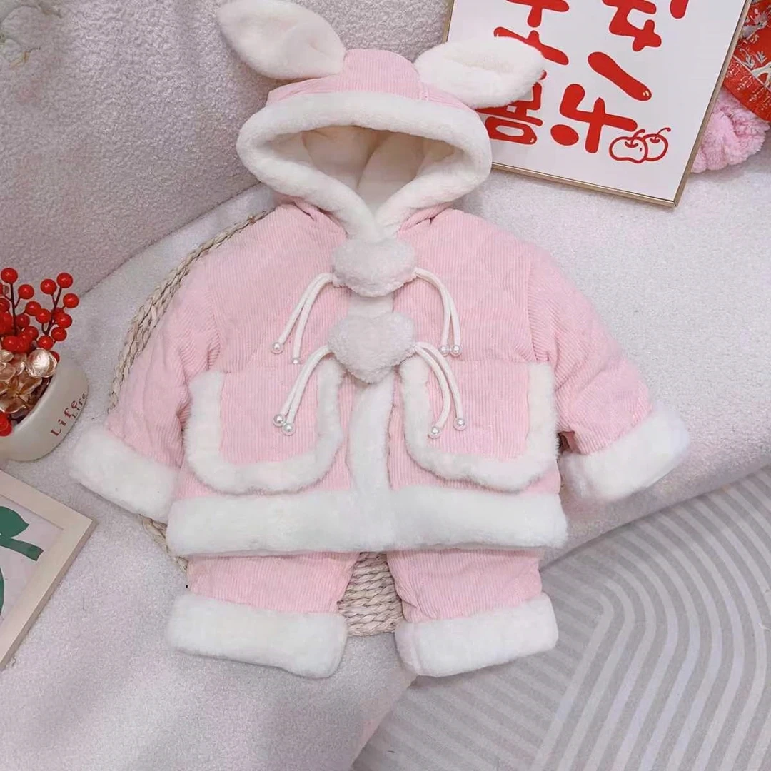 冬季新款粉色绗线三层夹棉加绒加厚立体爱心兔子套装变态厚家居服
