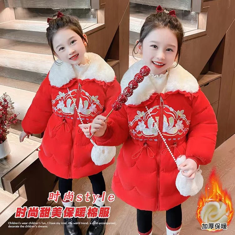 女童棉衣冬季新款韩版时尚洋气女宝宝中国风刺绣加绒加厚保暖年服