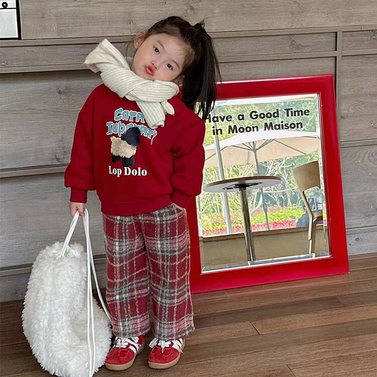 儿童加绒裤子韩版时尚洋气网红风男女宝红色格子加厚保暖裤子外穿