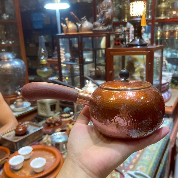 紫铜锤纹侧把煮茶器450毫升精品茶具 烧水壶 大漆工艺