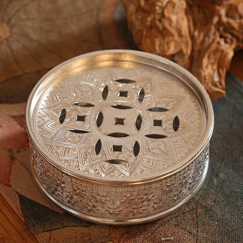 铝茶盘泰国纯手工镌刻茶盘中式复古潮汕功夫茶具圆型小巧家用茶盘