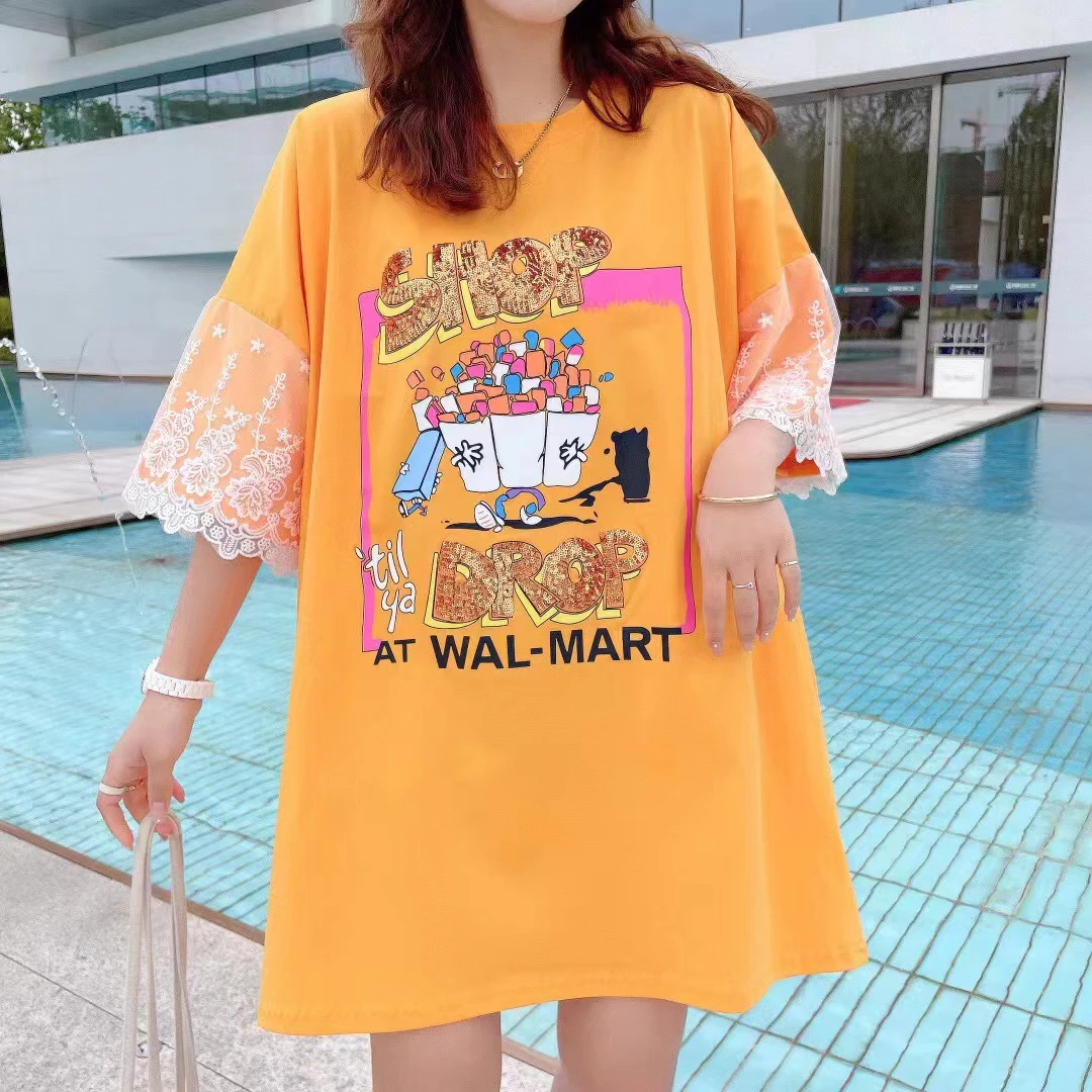2024夏季新款韩国大码女装上衣宽松蕾丝拼接短袖小众大版