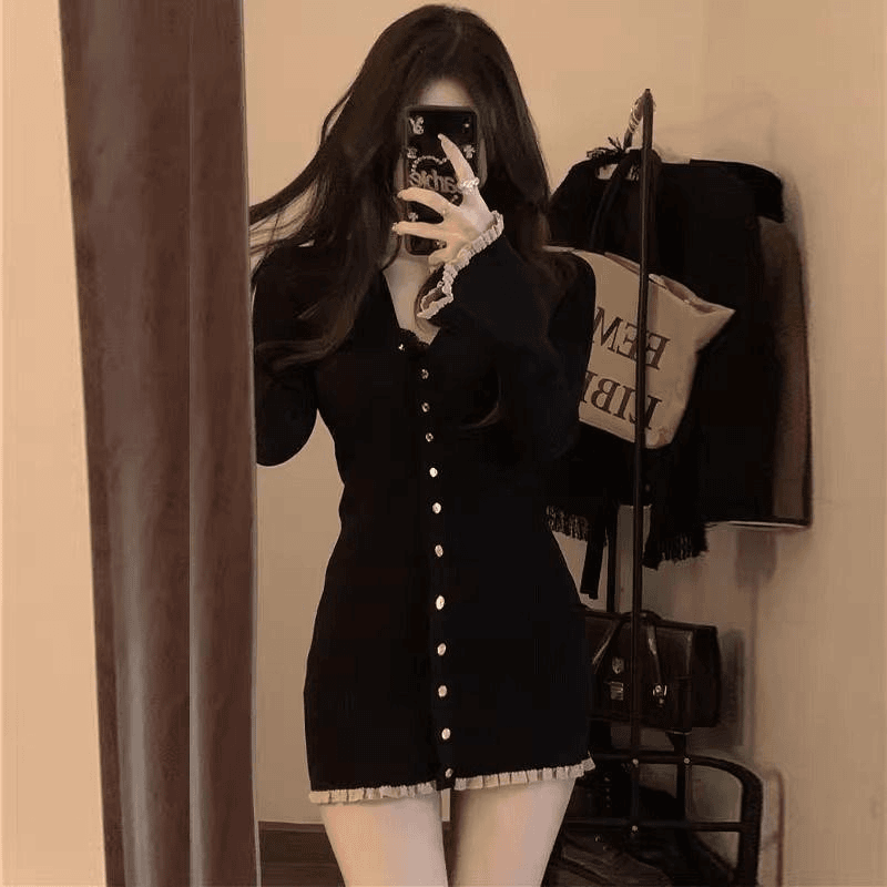 秋季新款撞色花边针织连衣裙女修身复古高级显瘦短款polo领包臀裙