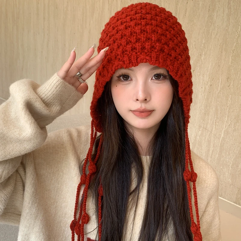 潮红色帽子女秋冬款保暖毛线流苏甜美可爱套头帽织护耳帽针织帽子