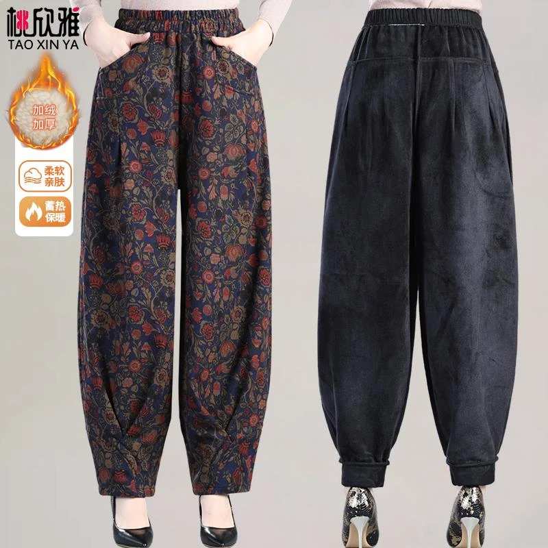 中老年人女裤冬季奶奶装保暖棉裤宽松加绒加厚妈妈秋冬花裤子外穿