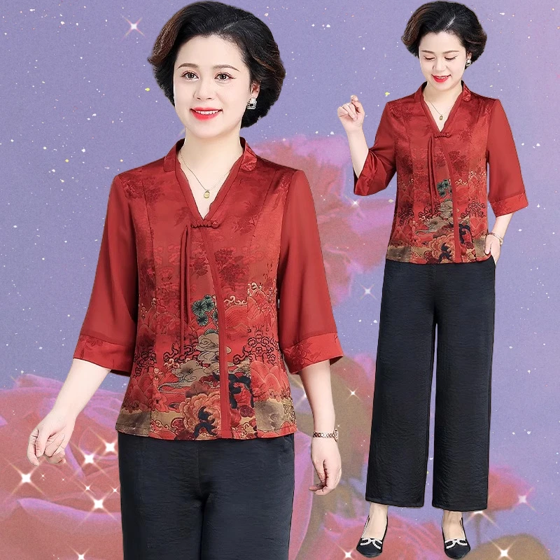 新中式妈妈夏装套装中老年女七分袖上衣老人衣服奶奶夏季雪纺衬衫