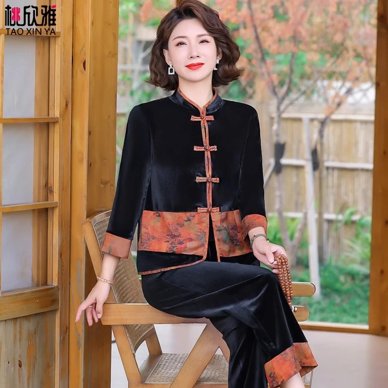 新中式国风中老年妈妈秋装2025新款套装洋气唐装上衣两件套奶奶装