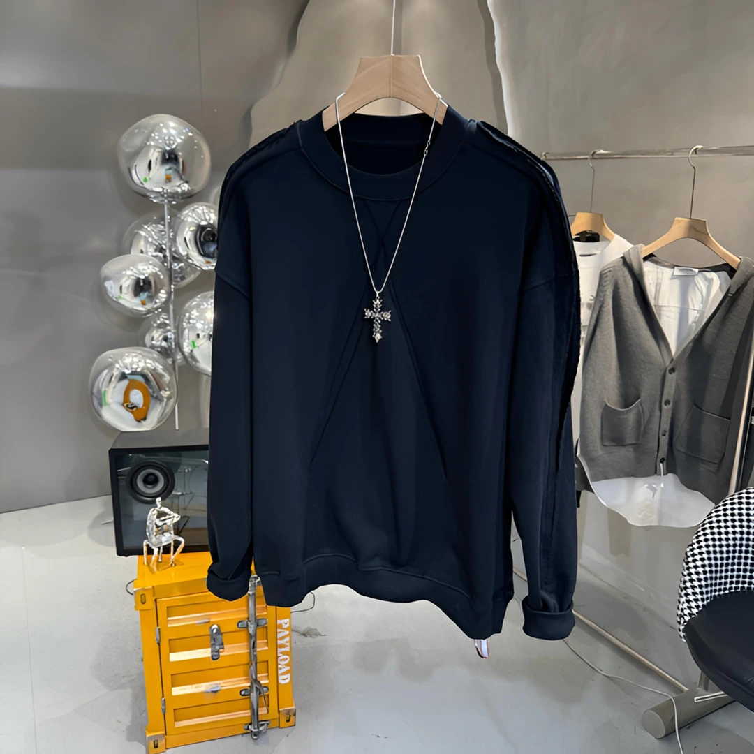 高端潮流几何拼接小众设计经典廓形线条卫衣宽松型套头上衣秋冬新