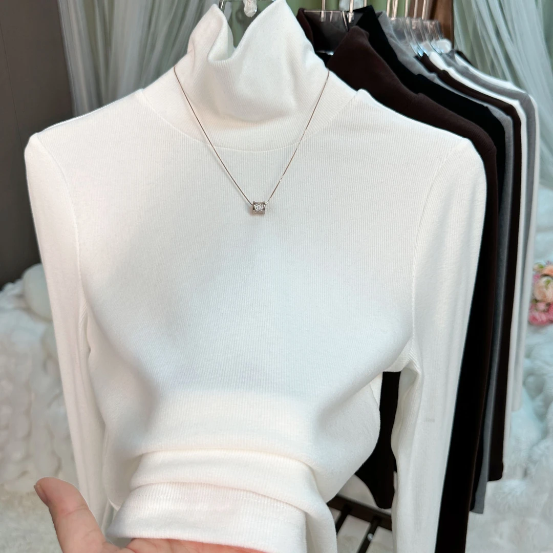 2025春装爆款高领显白长袖T内搭气质可外穿打底衣双面磨毛打底衫