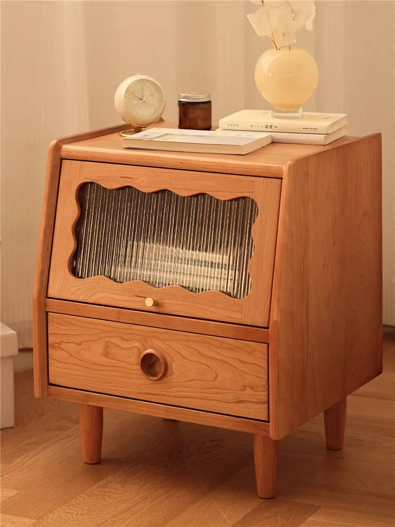 全实木樱桃木挽澜床头柜小户型复古现代简约卧室翻门玻璃收纳床边